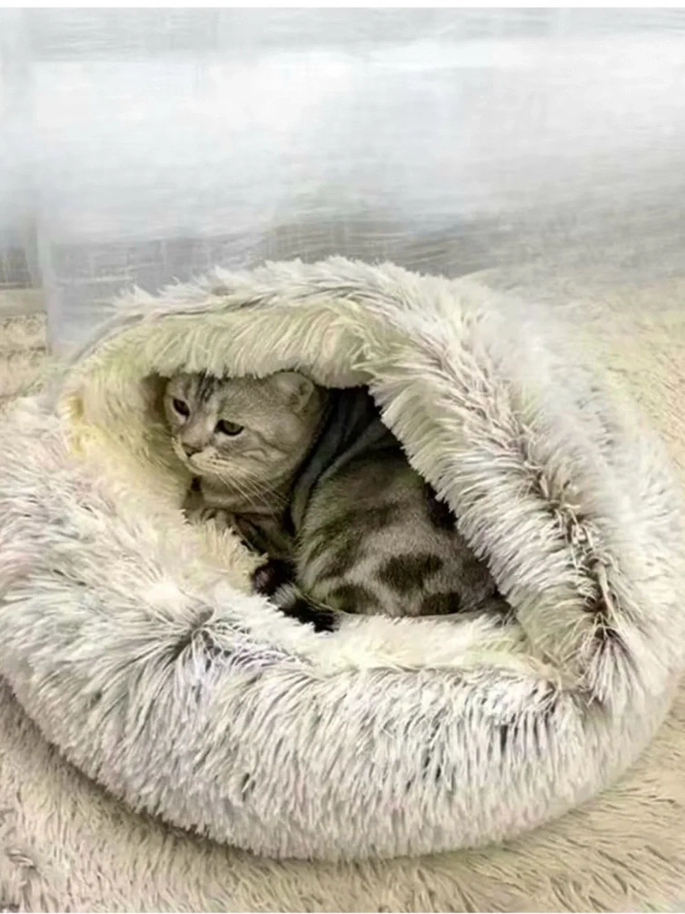 Fluffy Plush Cat Cave Bed Hooded Anti Anxiety Small Donut Cuddler Nest Pet Gray